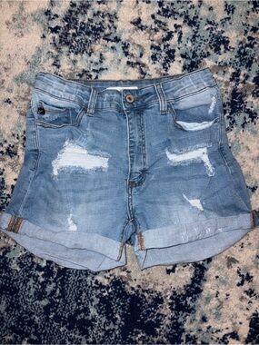 KanCan Faded Light Blue Distressed Rolled-Hem Denim Shorts